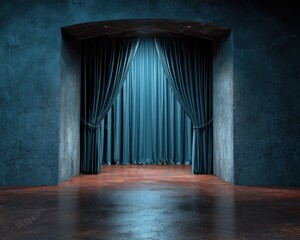 Moody, atmospheric image of a stage with blue curtains and textured concrete walls.