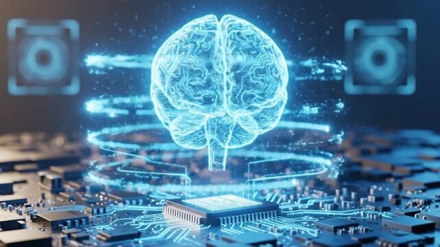 Artificial intelligence brain connected to a computer chip on circuit board