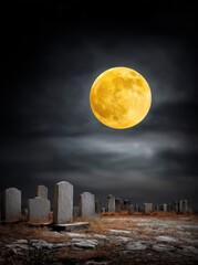 Spooky nighttime scene featuring a full moon illuminating a graveyard.
