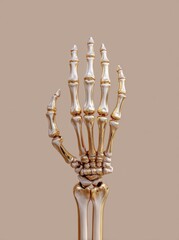Striking close-up of a golden and white human skeleton hand, set against a soft tan background.
