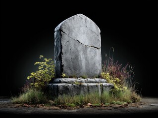 Solitary, weathered tombstone stands in stark contrast against a black backdrop.