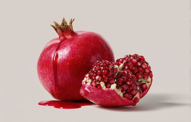 Studio shot of a whole, vibrant red pomegranate and a section revealing juicy seeds.