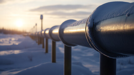 A long metal structure stretches across a snow-covered landscape, reflecting a soft sunset. The pipes glisten, hinting at the warmth within, contrasting with the icy ground.