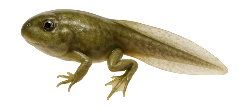 Tadpole with developing hind legs and shorter tail.