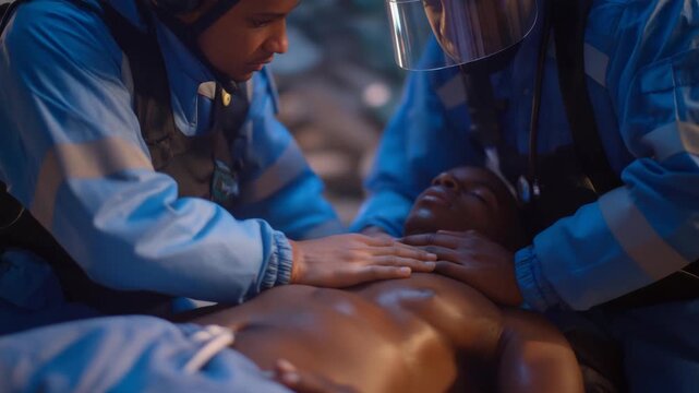 911 medical technicians performing CPR with robotic support during high-tech rescue operations &mdash; paramedics assisted by an autonomous robotic arm providing chest compressions while medics manage