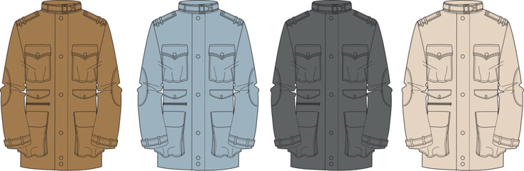 Collection of four stylish military-inspired jackets in different colors, showcasing unique designs and versatile fashion options