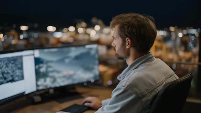 Data analyst monitoring blockchain nodes confirming cargo authenticity in global port system, emotion of satisfaction visible, symbolizing secure logistics, transparency, and decentralized data