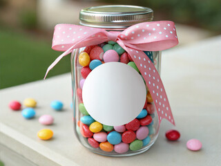 Candy Jar Mockup with Polka Dot Ribbon and Round Label
