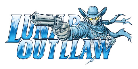 Lunar Outlaw pointing revolver, masked cowboy with glowing eyes in blue tones Concept of futuristic western, fantasy character, and space outlaw