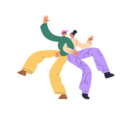 Couple dancing together with fun, excited emotions. Happy young best friends, man and woman partners celebrating. Love, friendship concept. Flat vector illustration isolated on white background