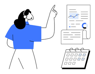 Woman pointing at business analytics report with charts, graphs, and documents, accompanied by a calendar. Ideal for project management, analytics, planning, productivity, scheduling performance