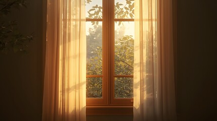 Warm Sun Rays Filtering Through Sheer Curtains and Illuminating Rustic Wooden Window Frame