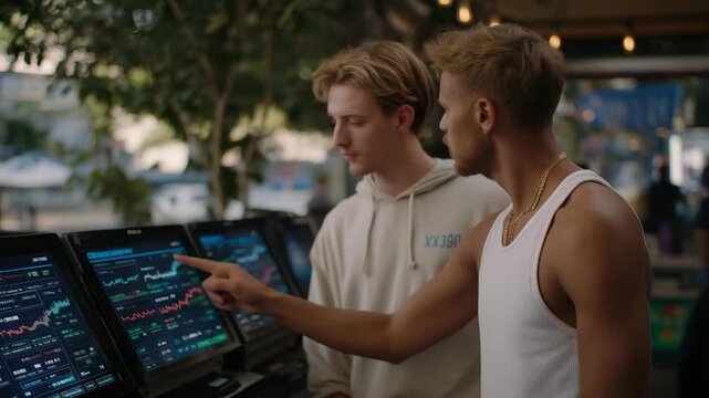 Electronics store with holographic marketing screens showcasing mining GPU performance data and cooling efficiency, emotion of confidence and curiosity visible, symbolizing high-tech commerce,