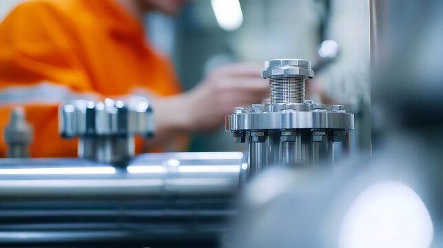 An industrial worker focuses intently on assembling intricate metal components in a modern factory. The precision assembly involves pipes and fittings. #factory #assembly