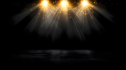 An abstract white bokeh lights effect background and a gradient gray background surround an empty, dark gray room.