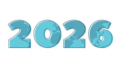 2026 Year symbol. Blue symbol with dotted world map contour. Vector illustration for event, congratulation, decoration, business, infographic, web design