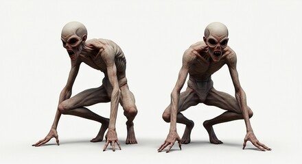 Creepy Alien Creatures Squatting on White Background with Terrifying Concept Art.
