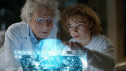 Family doctor using holographic visualization to explain health trends to elderly patient, emotion of trust visible, symbolizing digital empathy, AI health dashboards, and personalized patient - Powered by Adobe