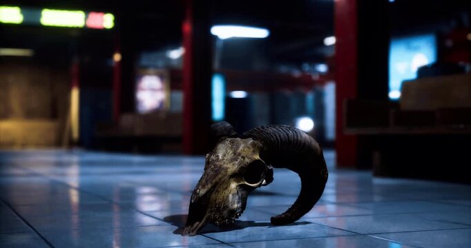 A ram skull with curved horns lies on the shiny tiled floor of an underground area. Dim lighting and shadows create a mysterious atmosphere in this unique location.