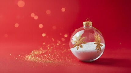 Fototapeta premium modern Christmas composition featuring golden glitter snowflakes and white snow