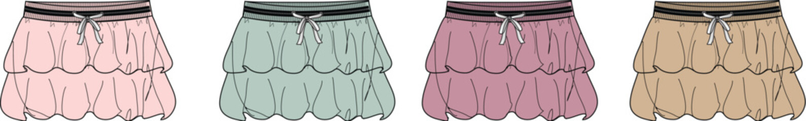 Four Different Color Skirts with a Tiered Design and a Tied Waist, Apparel