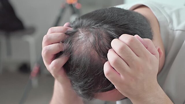 Androgenic alopecia, hair loss, male pattern baldness, man showing his visible bald area. High quality 4k footage