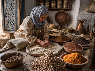Traditional woman preparing oriental spices