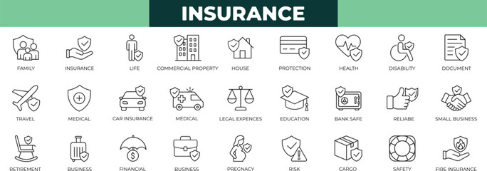 insurance minimal line icon set with policy,disability, insurance, retirement, agent, approval, claim, clipboard, contract, and financial security symbols for apps, websites, and presentations. © SokretiRani