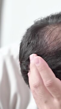 Androgenic alopecia, hair loss, male pattern baldness, man showing his visible bald area. High quality 4k footage