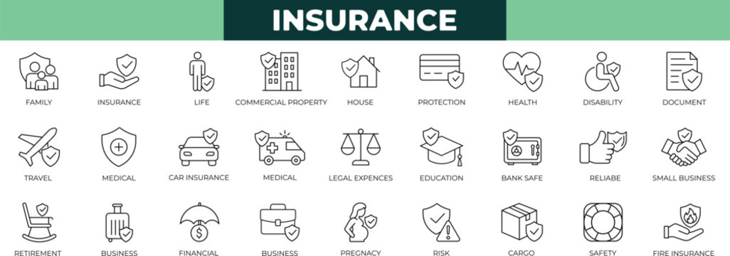 insurance minimal line icon set with policy,disability, insurance, retirement, agent, approval, claim, clipboard, contract, and financial security symbols for apps, websites, and presentations.