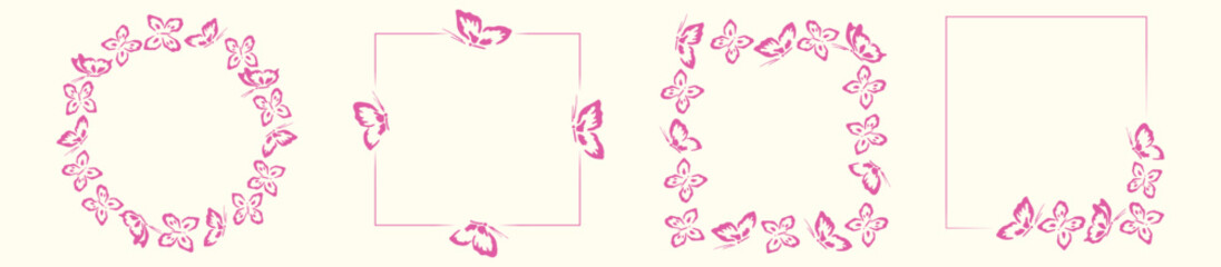 Pink square frame set with butterflies for decorative design	