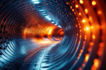 Vibrant illuminated tunnel showcasing a blend of blue and orange lights in a futuristic design