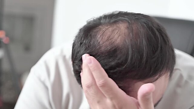 Androgenic alopecia, hair loss, male pattern baldness, man showing his visible bald area. High quality 4k footage