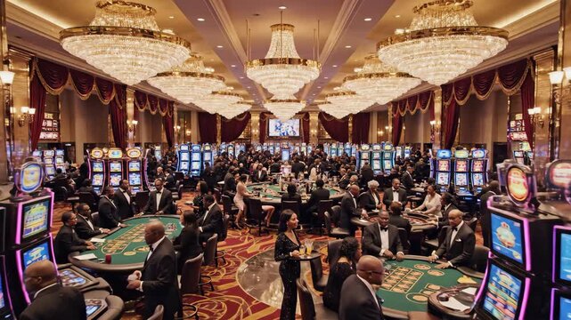 Elegant casino ambiance with gamblers at slot machines and card tables under grand chandeliers