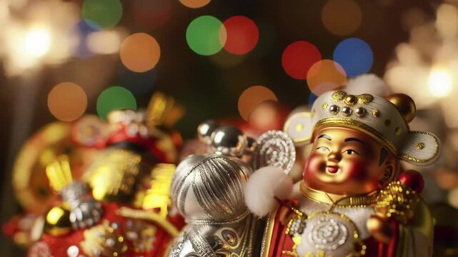 Traditional Chinese God of Wealth Figurines with Festive Bokeh Background.