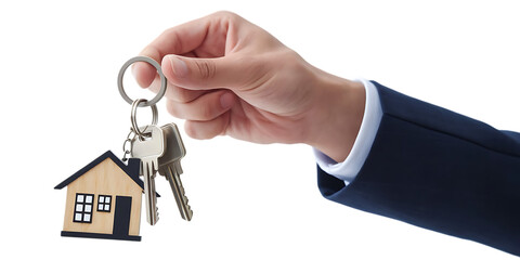 Hand in dark blue suit, holding a house shaped keychain with two silver keys, cutout, PNG isolated on white or transparent background