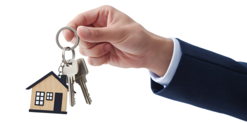 Hand in dark blue suit, holding a house shaped keychain with two silver keys, cutout, PNG isolated on white or transparent background