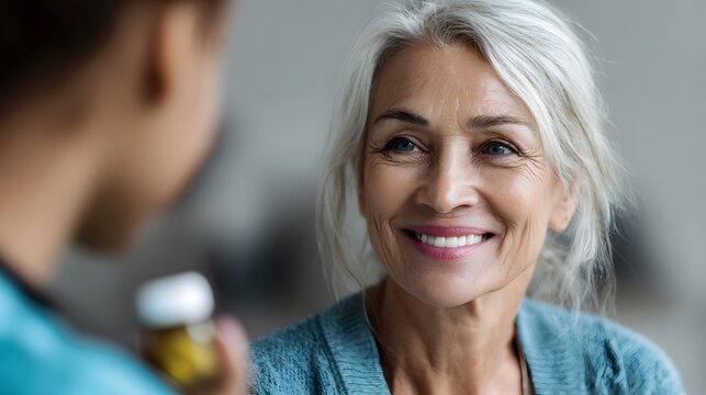 Smiling senior woman receives medication from caregiver in a moment of trust and care