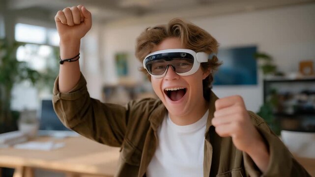 Teen interacting with AR-based educational internet games, showing joy and surprise, symbolizing immersive learning, emotional engagement, and next-gen augmented web experiences. cinematic color