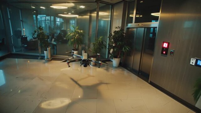 Disrupted modern office lobby with overturned chairs and scattered debris, reflecting an urgent situation or the aftermath of a sudden event near elevators