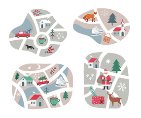 Christmas maps set. Cute winter illustrations for greeting cards, posters etc. Vector illustration