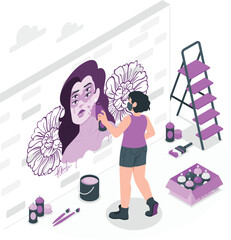 Artist Spray Painting Mural of Woman and Flowers on Brick Wall Keywords: artist, painting, mural