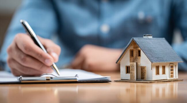 Real estate agent signing contract house model mortgage agreement paperwork with focus