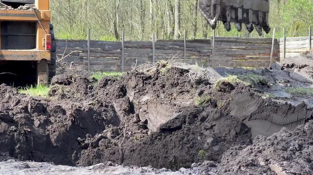 Heavy machinery works in a forest clearing, digging and moving earth to prepare for a new construction project. The sound of equipment fills the area as progress is made.