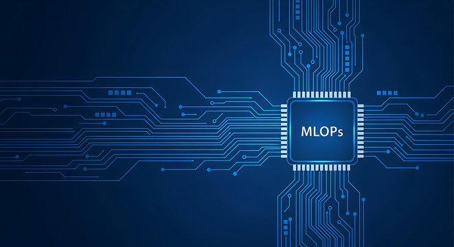 MLOps Concept on Circuit Board Background &ndash; Artificial Intelligence and Machine Learning Operations Technology Illustration with Blue Microchip Lines and Copy Space
