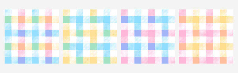Checkered vichy print, picnic tablecloth plaid, gingham seamless pattern vector set. Traditional square gingham backgrounds. Napkin textile, grid blanket, check kitchen tartan texture in pastel colors