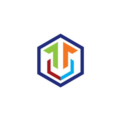 Abstract geometric symbol in a hexagonal frame with ascending arrows, showcasing growth, connectivity and strategy, suitable for modern business branding and innovation visualization