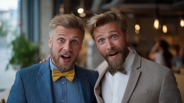 Two men in stylish attire celebrating marriage registration with a small group of friends, emotion of pride and excitement visible, representing LGBTQ+ love recognition, legal equality, and social