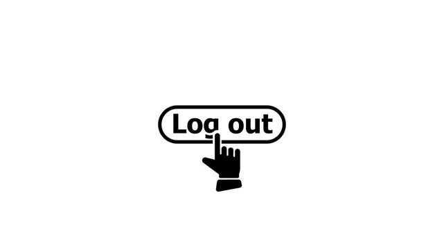 LOG OUT icon. Digital hand cursor clicking "Log out" button animation. Finger cursor clicking on white background 4k animation