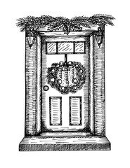 A front door decorated with a Christmas wreath and fir tree branches. Sketch illustration of Christmas holiday composition. Vector line art drawing, isolated